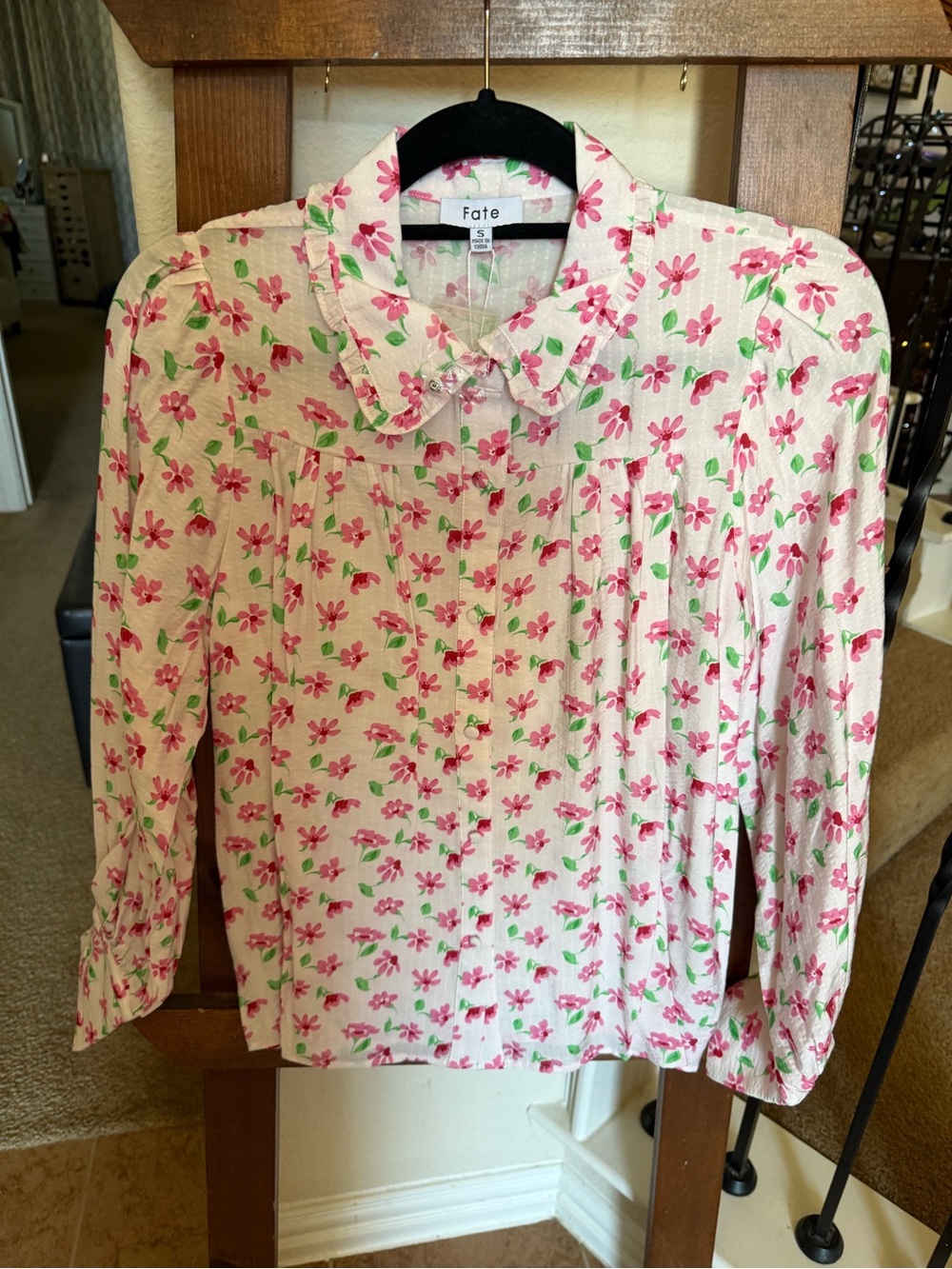Fate Cream Button-Up Blouse with Pink Floral Print